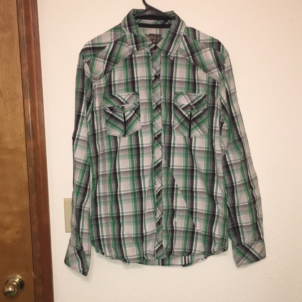 BKE green, black, and white flannel. Good condition
